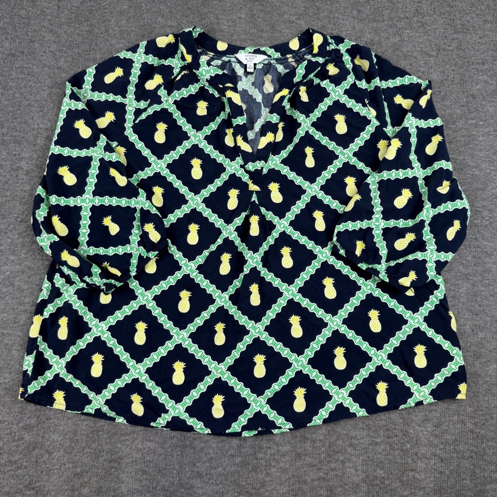 Crown & Ivy Blouse Womens PL Navy Blue Pineapple Print 3/4 Sleeve Rayon Top